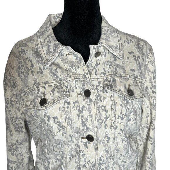 Free People Grey Cream Camo Denim Jean Jacket Fitted Cropped Size Small - Picture 4 of 8
